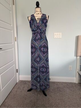 Chico's Sleeveless Twist-Front Maxi Dress in Blue & Purple Print